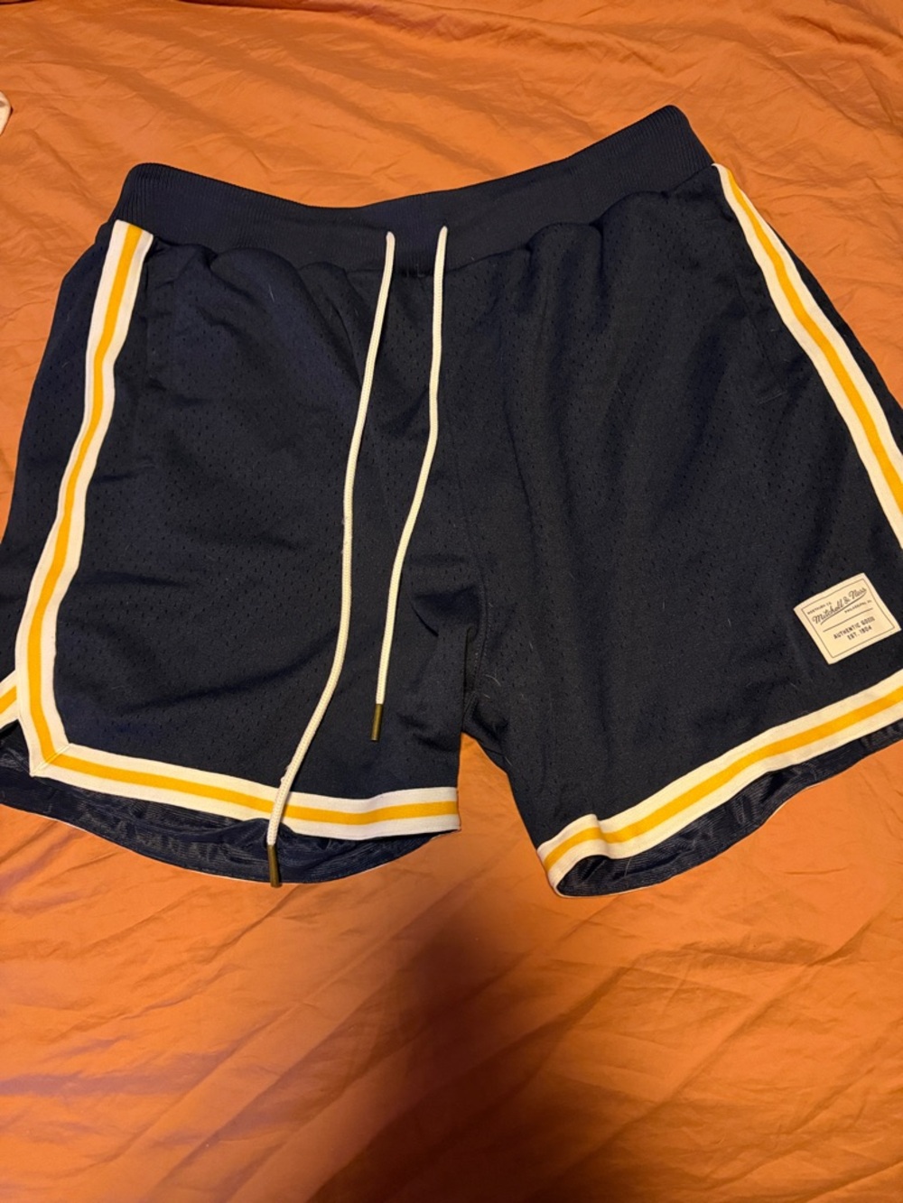 Mitchell & Ness Navy Athletic Shorts with Yellow & White Trim
